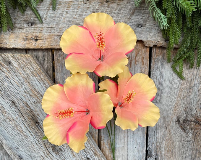 27" Coral Orange Hibiscus Stem, Artificial Stem, Hibiscus Spray, Summer Floral Stems, Wedding Bouquet, 29414CO, Coral Orange Florals