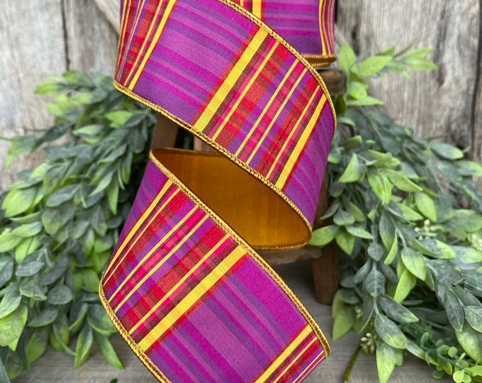 2.5" Candy Corn Plaid, Farrisilk Ribbon, Fall Ribbon, Halloween Ribbon, Purple Plaid Ribbon, Purple Yellow Plaid, Wired RIbbon, RK402-27