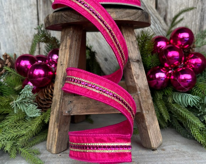 1" Hot Pink Twinkle Trim Ribbon, Farrisilk ribbon, Pink Jeweled RIbbon, Hot Pink Ribbon, Pink Christmas Ribbon, Designer RIbbon, RK756-15