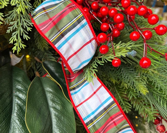 2.5" White Stewart Christmas Plaid Ribbon, Tartan Plaid Ribbon