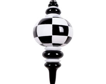 7" Black White Finial, Checkered Ornament, Finial Ornament, Shatterproof Ornament, Farrisilk Ornament, Christmas Ornament, CX303-92