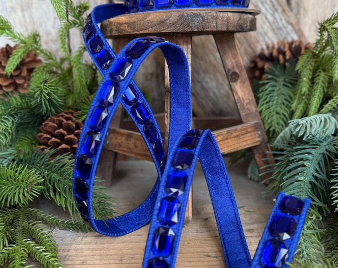 1" Blue Emerald Cut Jeweled Ribbon, Christmas Ribbon, Jeweled Ribbon, Farrisilk Ribbon, RJ017-25