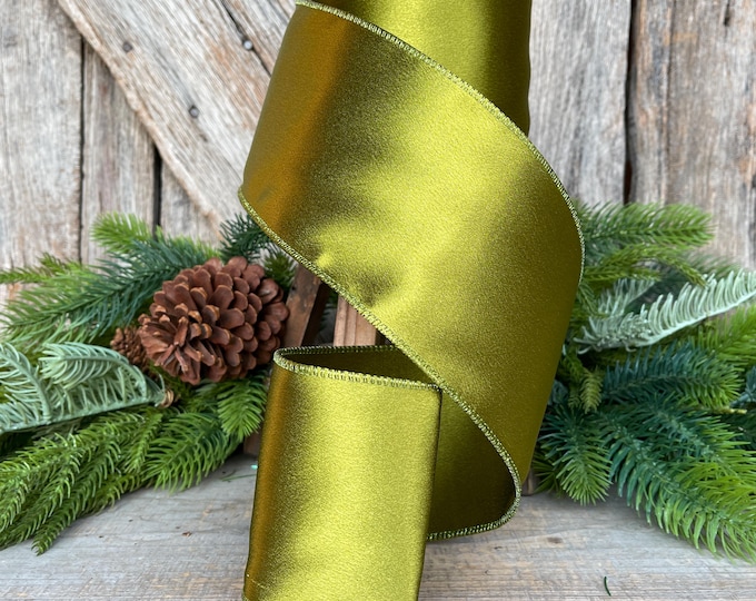 4" Moss Satin Ribbon, Christmas Ribbon, Shimmer Satin Ribbon, Wired Ribbon, Moss Green Ribbon