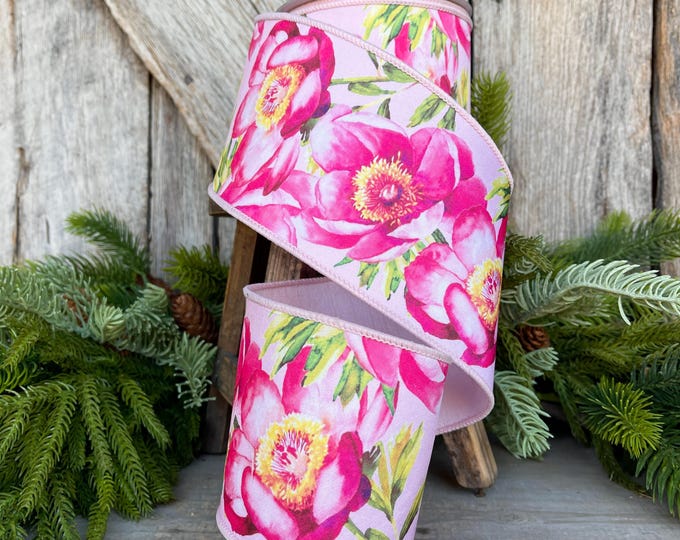 4" Spring Poppies ribbon, Farrisilk Ribbon, Pink Poppy Ribbon, Red Ribbon, Wired RIbbon, Designer RIbbon, SR070-22