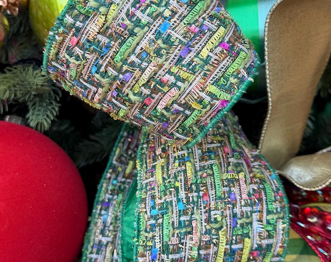 4" Green Tweed Ribbon, Farrisilk Jolly Tweed Ribbon, Christmas Tweed Ribbon, RS289-55