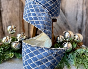 4" Steel Blue Metallic Diamonds Velvet Ribbon, Farrisilk Ribbon, BLUE Velvet, Christmas Tree Ribbon, Wired Ribbon, 4 inch ribbon