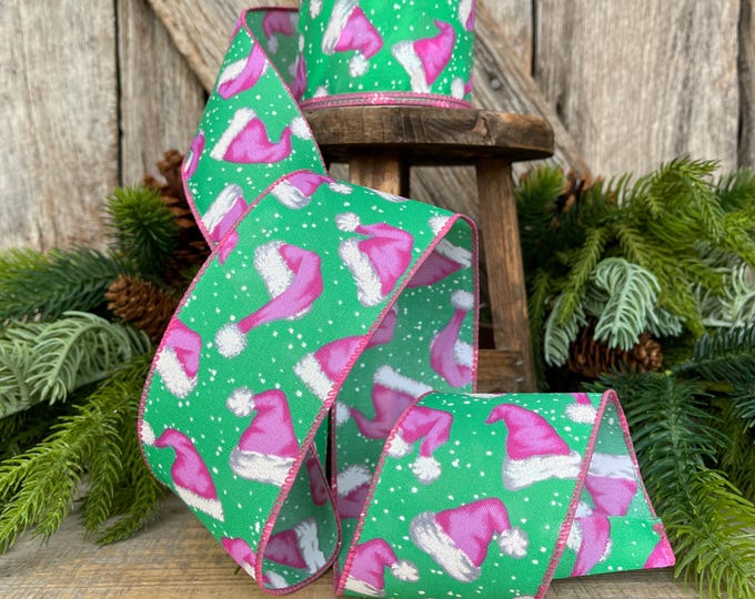 2.5" Pink Santa Hat Ribbon, Mint & Pink Ribbon, Christmas Ribbon, Mint Green Ribbon, Pink Santa Ribbon, 72501-40-06, Christmas Tree Ribbon