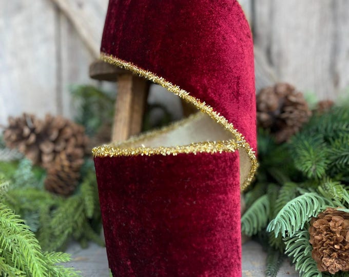 4" Burgundy Velvet Ribbon, Gold Tinsel Trim Ribbon, Christmas Tree Ribbon, Velvet Ribbon, Burgundy Christmas, Maroon Velvet