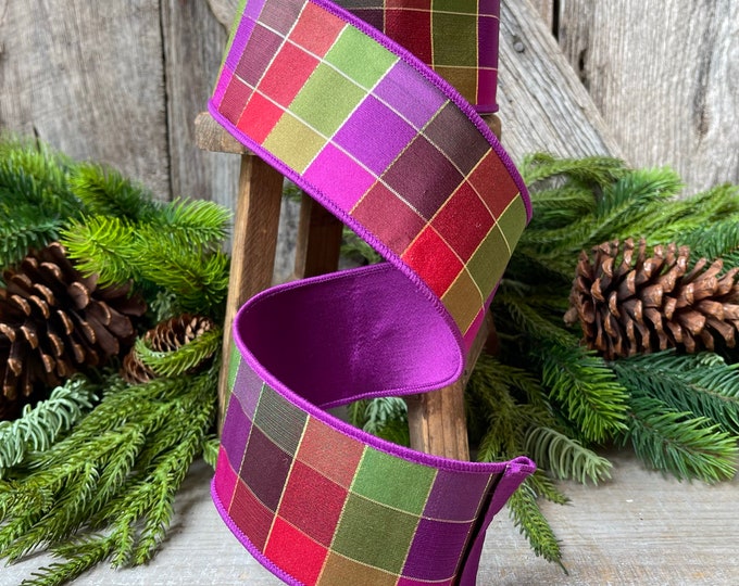 2.5" Purple Sedona Checks, Farrisilk Ribbon, Fall Ribbon, Purple Check Ribbon, Designer Ribbon, Fall Ribbon for Wreaths, Wired RIbbon
