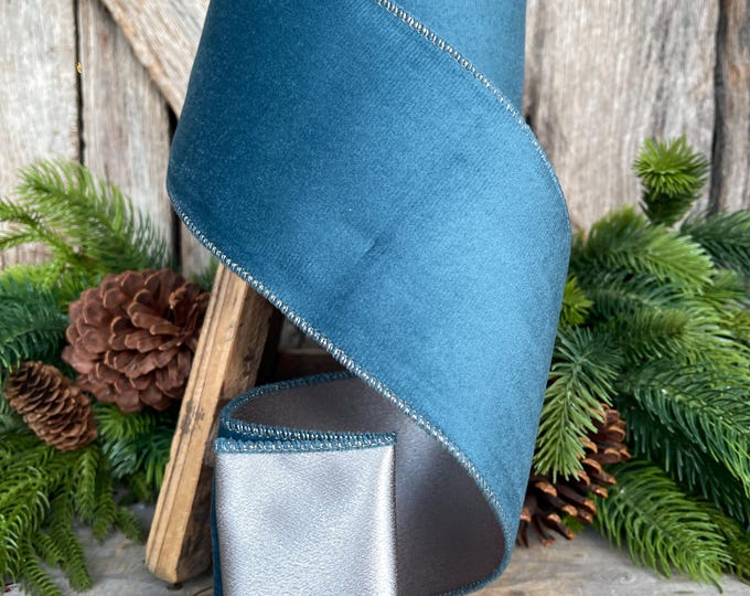 4" Military Blue Velvet Ribbon, Christmas Ribbon, 4" x 10yds, Dusty Blue Velvet Ribbon