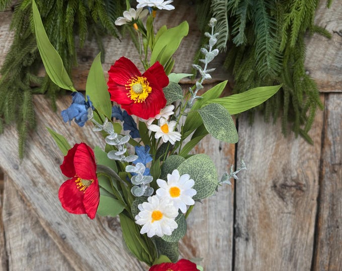 28" Patriotic Poppy Floral Spray | Red Poppies, White Daisies & Blue Wildflowers | Artificial Flower Stem