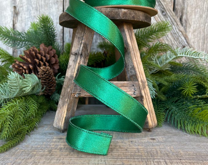 1" Emerald Green Satin Ribbon, Christmas Ribbon, Shimmer Satin Ribbon, Wired Ribbon, Emerald Green Ribbon