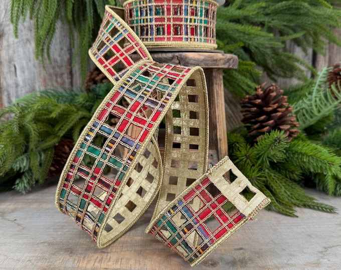 2.5" Traditional Christmas Plaid Ribbon, Farrisilk Ribbon, Window Plaid Ribbon, Traditional Plaid Ribbon, Gold Christmas Plaid, RJ019-32