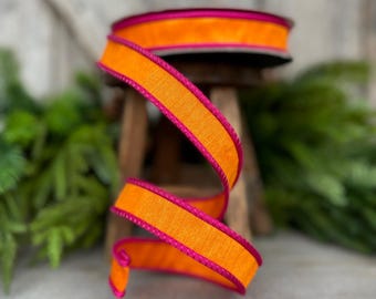 1" Pink Orange Ribbon, Farrisilk Ribbon, Hot Pink Accent Ribbon, Pink Orange Ribbon, Wired RIbbon, Designer Ribbon, Corded RIbbon, RK533-52