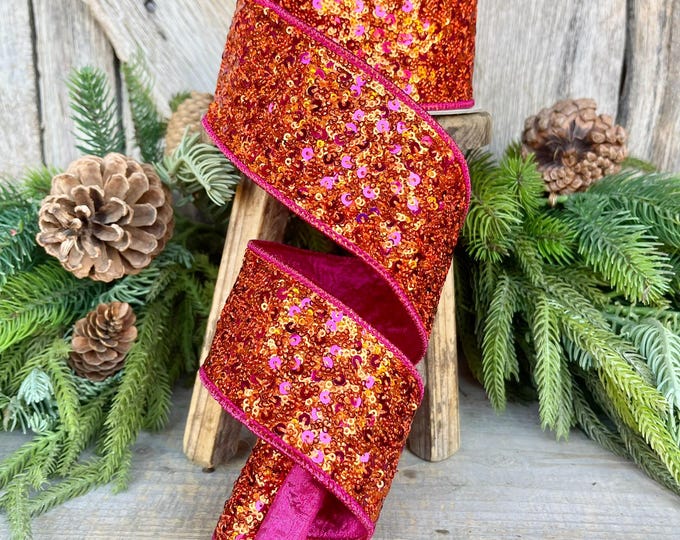 2.5" Pink Orange Sequin Ribbon, Farrisilk Ribbon, Hot Pink Orange Ribbon, CHristmas Ribbon, Sequin Ribbon, Sequin Treasure Ribbon, RK746-52