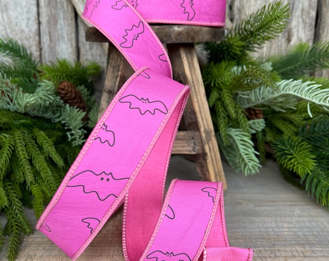 1.5" Pink Bat Ribbon, Farrisilk Ribbon, Halloween Ribbon, Pink Halloween Ribbon, Pink and Black Halloween Ribbon, Wired Ribbon, HR051-08