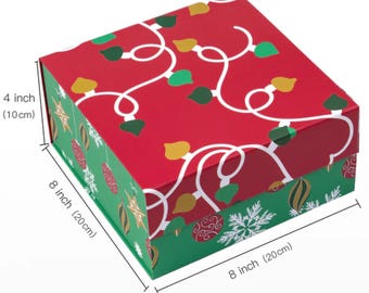 8" x 8" x 4" Collapsible Holiday Gift Box with Magnetic Square Flap Lid - Red/Green Christmas Ornaments