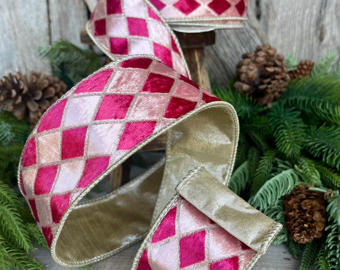 2.5" Pink Velvet Diamonds Ribbon, Farrisilk Ribbon, Hot pink Velvet Ribbon, Harlequin Ribbon, Christmas Ribbon, Pinkmas Ribbon, RK759-22