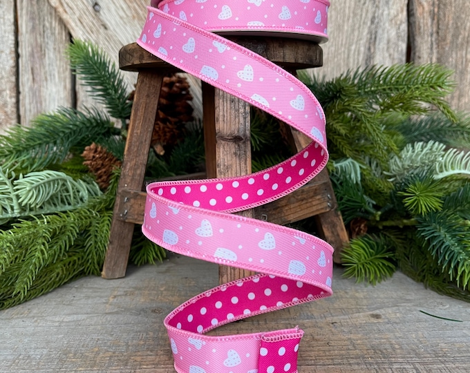 1" Heart Valentine Ribbon, Heart Ribbon, Wired RIbbon, Valentine Ribbon, Pink Ribbon, Designer RIbbon, Craft Supply, MTX76144