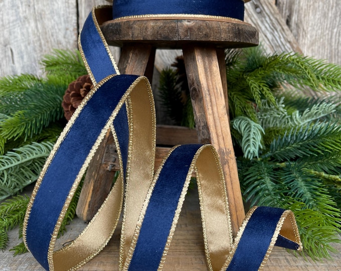 1" Navy Blue Velvet Ribbon, Navy Velvet Ribbon, Wired Ribbon, Christmas RIbbon, Blue Gold Ribbon, Christmas Bows