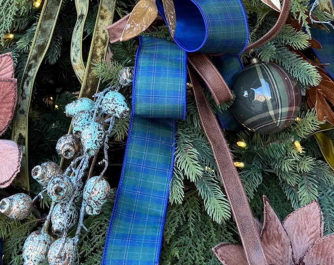 2.5" Blue Green Christmas Plaid Ribbon, Black Watch Plaid Ribbon, Navy Blue Plaid