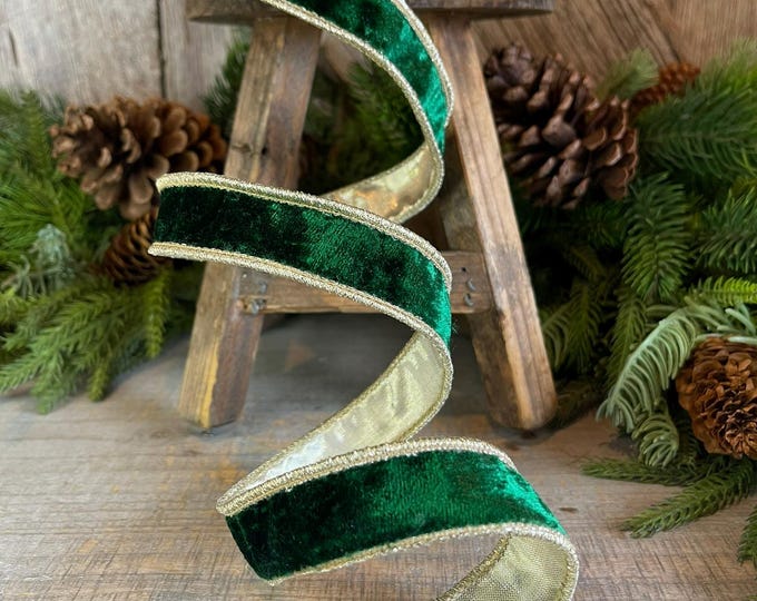 1" Emerald and Gold Velvet Ribbon, Emerald Green Velvet Ribbon, Wired Ribbon, Christmas Ribbon, Christmas Decor, 1 inch Velvet Ribbon