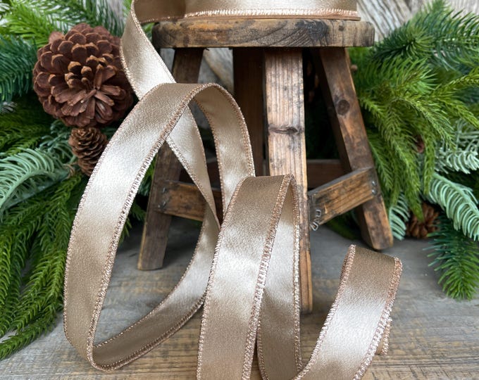 Champagne Gold Wired Satin Ribbon: 1-inch Shimmer, Christmas Decor