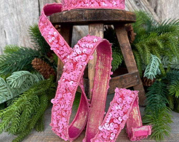 1" Pink Sequin Ribbon, Farrisilk Ribbon, Pink Jolly Sequin Ribbon, Pink Christmas Ribbon, Bubblegum Pink, RS178-14
