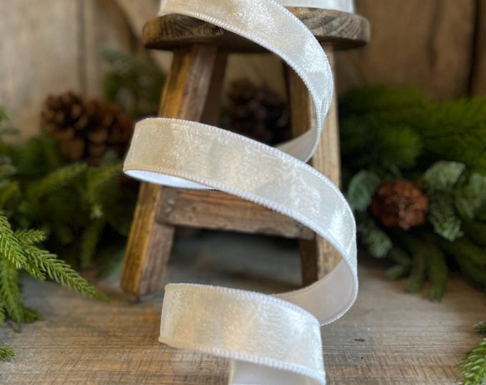 1" White Velvet Ribbon, Farrisilk Ribbon, White Silken Velvet Ribbon, Wired Ribbon, Christmas Ribbon, White Ribbon, RS101-43