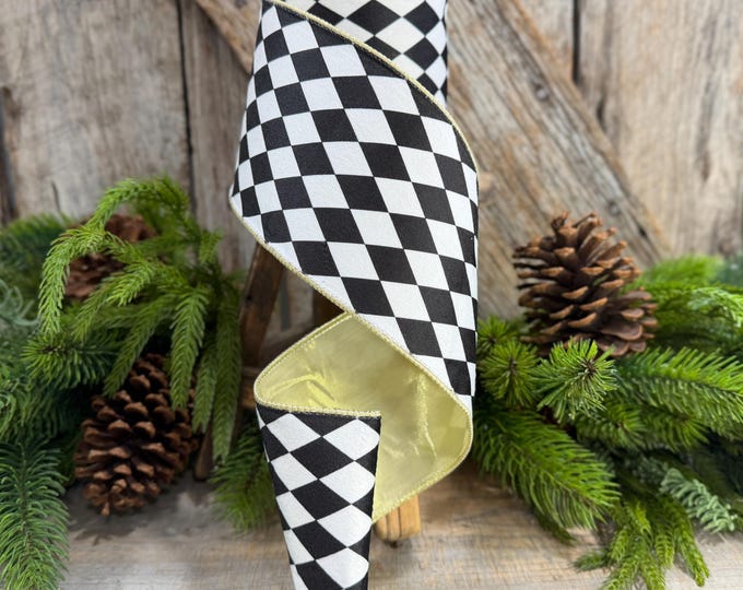 4" Black and White Harlequin Ribbon, Christmas Ribbon
