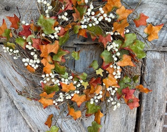 22" Fall Leaves Taupe Berry Wreath, Artificial Fall Wreath, Taupe Cream Berry Wreath, Fall Wreath, Thanksgiving Decor,Fall Front Door Wreath