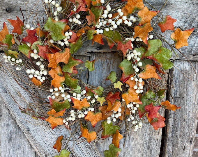 22" Fall Leaves Taupe Berry Wreath, Artificial Fall Wreath, Taupe Cream Berry Wreath, Fall Wreath, Thanksgiving Decor,Fall Front Door Wreath