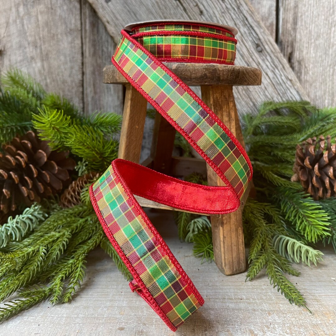 1 Christmas Pixie Plaid, Farrisilk Ribbon, Christmas Plaid Ribbon, Red
