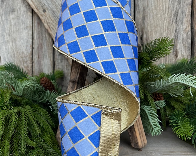 4" French Blue Harlequin Ribbon, Wired Ribbon, Designer Ribbon, 2 Tone Blue Ribbon, Diamond Ribbon, 94562W-350-10D