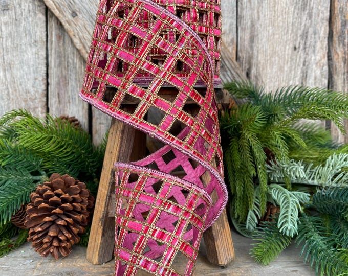 4" Pink Plaid Ribbon, Farrisilk Ribbon, Window Plaid Ribbon, Christmas Plaid Ribbon, Gold Christmas Plaid, RK828-14