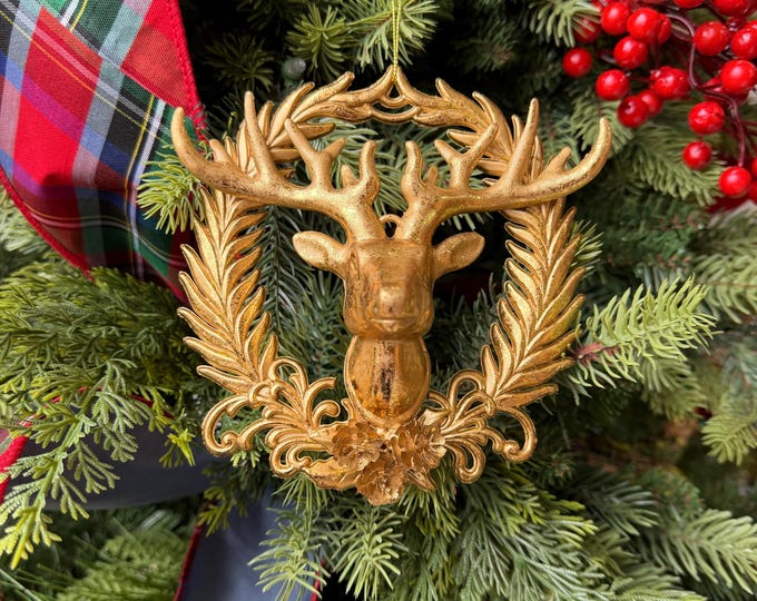 6" Gold Deer Head Ornament, Preppy Christmas Ornament