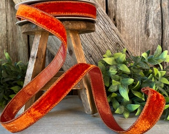 1" Cinnamon Velvet Ribbon, Farrisilk ribbon, fall velvet, wired ribbon, autumn wired ribbon, craft supply, orange rust ribbon, orange ribbon