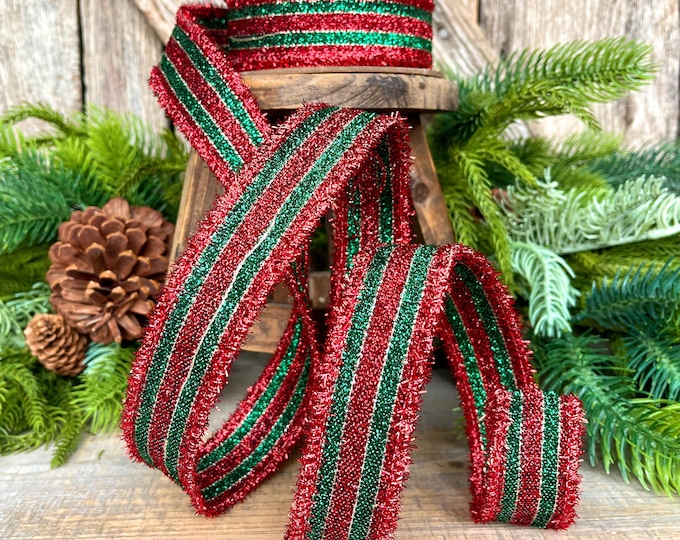 1.5" Red & Green Tinsel Ribbon, Christmas Ribbon, Christmas Tree Ribbon