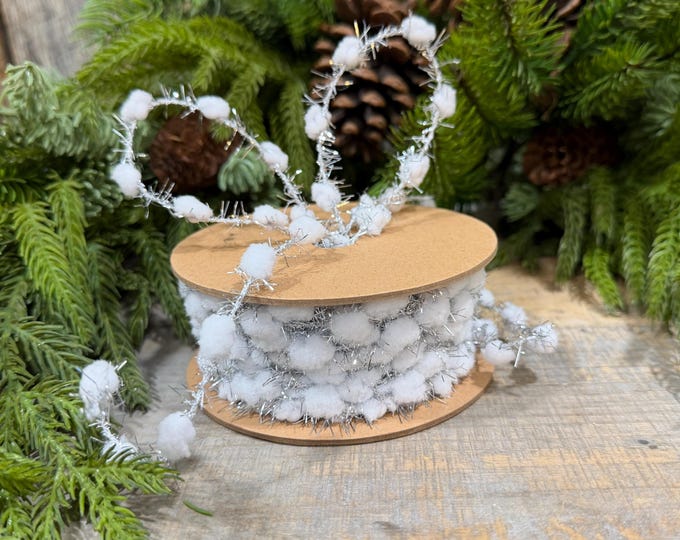 3/8" White Pom Pom Tinsel Garland, Silver Metallic, Snowy Ribbon,  10 Yard Roll