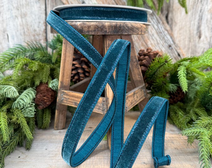 3/4" Dark Teal Velvet Luster RIbbon, Farrisilk Ribbon, Dark Teal Velvet RIbbon, Wired RIbbon, Designer RIbbon