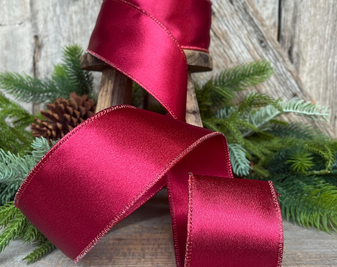 2.5" Wine Burgundy Satin Ribbon, Christmas Ribbon, Shimmer Satin Ribbon, Wired Ribbon, Maroon Ribbon