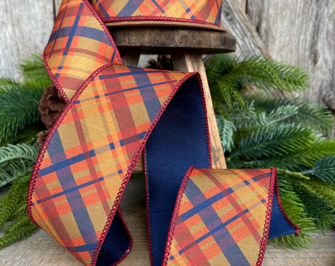 Fall Plaid Wired Ribbon 2.5": Navy Blue, Orange, Yellow