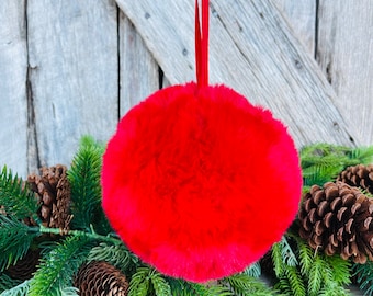 6" Red Faux Fur Christmas Ornament, Red Fuzzy Ball Ornament, Red Oranment, Large Ornament, Fuzzy Ornament, Fur Ornament, Light Ornament