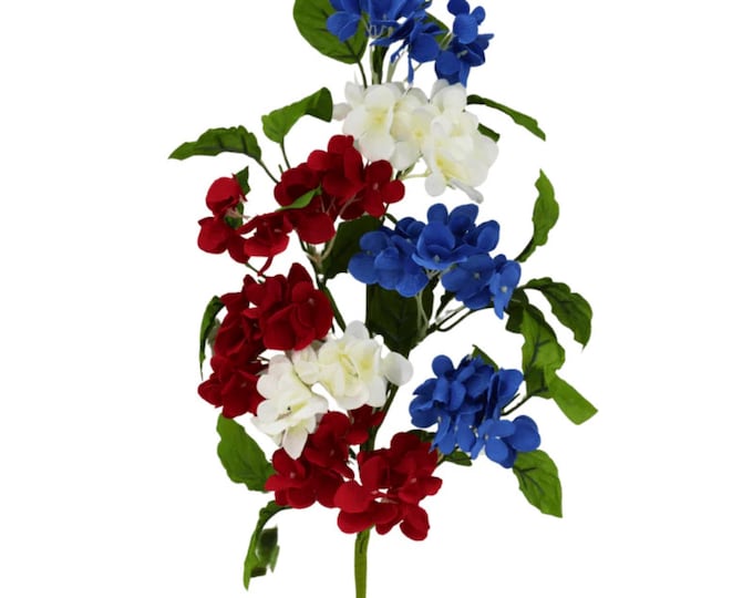 24" Patriotic Hydrangea Bush, Artificial Floral Bush, Red White Blue Floral, Floral Stem, Wreath Supply, Floral Supply,Patriotic Decor,65574