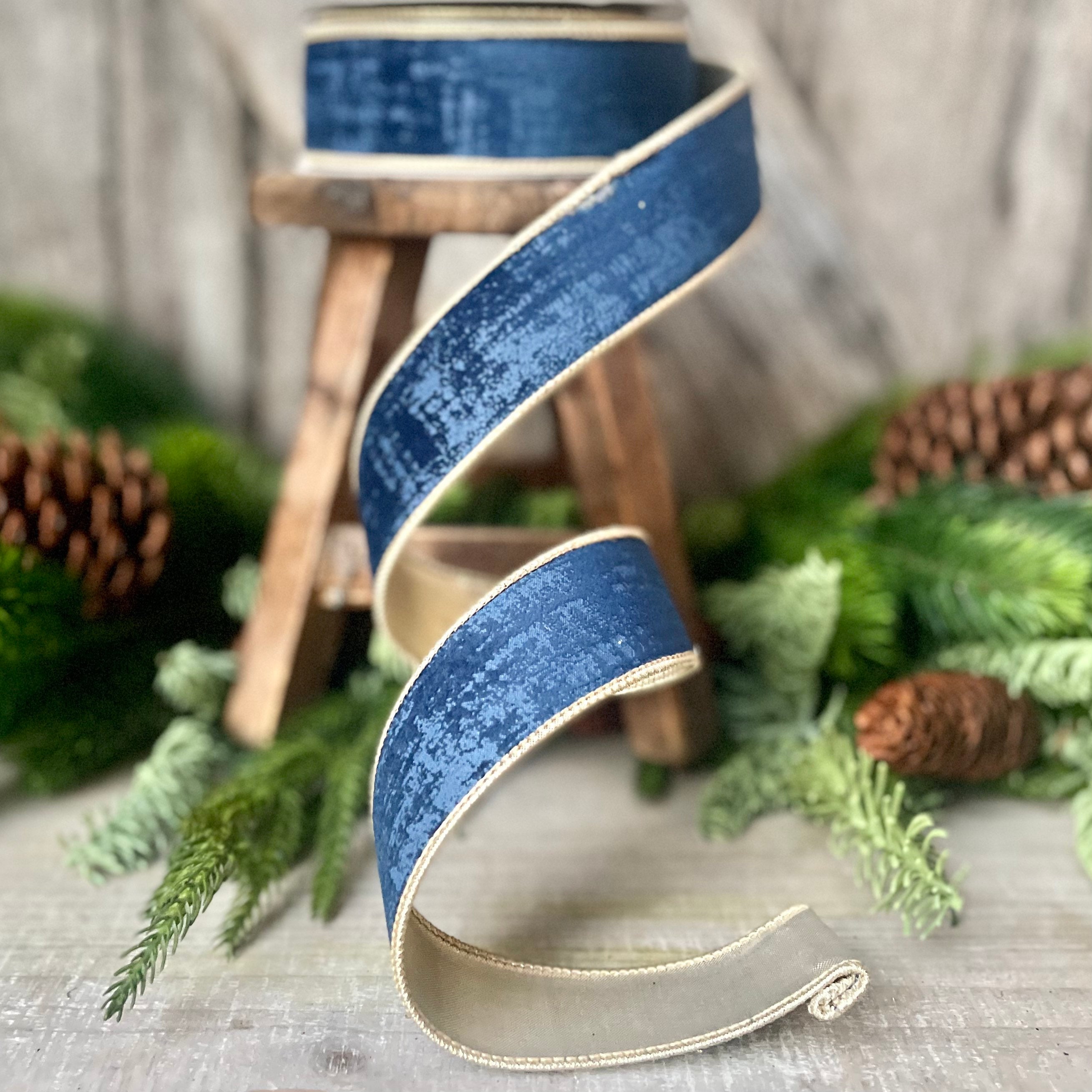 1.5 Dusty Blue Textured Velvet Ribbon, Wired Velvet Ribbon, Christmas Velvet Ribbon, Steel Blue