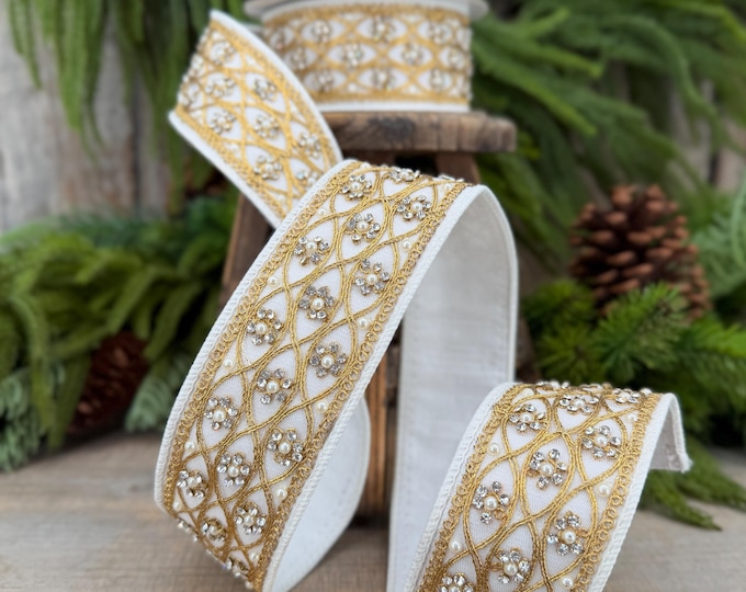 2" Ivory Posh Pearl Wired Ribbon, Farrisilk Pearl Ribbon