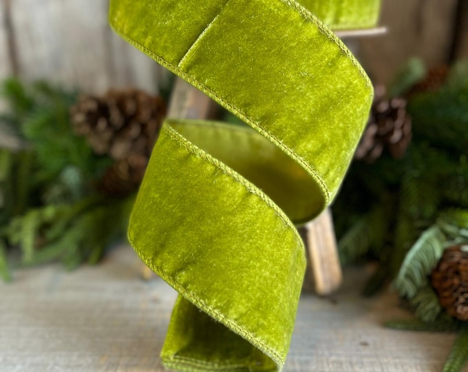 2.5 Lime Green Velvet, Velvet Ribbon, Farrisilk Ribbon, Moss green Velvet Ribbon, Wired ribbon, Chistmas Ribbon