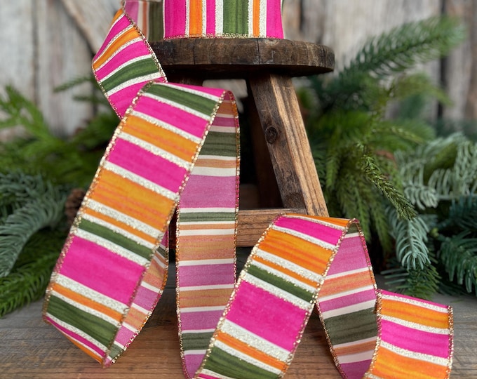 1.5” Pink Green Orange Striped Ribbon