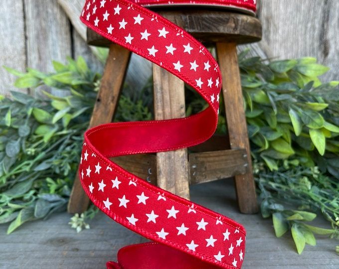 1" Red Stars Wired RIbbon, Farrisilk Ribbon, Designer Ribbon, Patriotic Ribbon, Americana Ribbon, Wired Ribbon, Red and white Ribbon