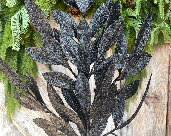 23" Black Bay Leaf Glitter Spray, Black Glitter Spray, Christmas Leaf Spray
